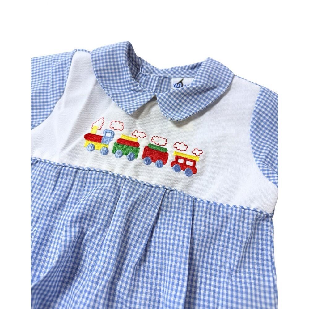 Vintage Alexis Baby Boy Smocked Train Bubble Romper Blue Gingham 6M Jon Jon - Picture 2 of 6